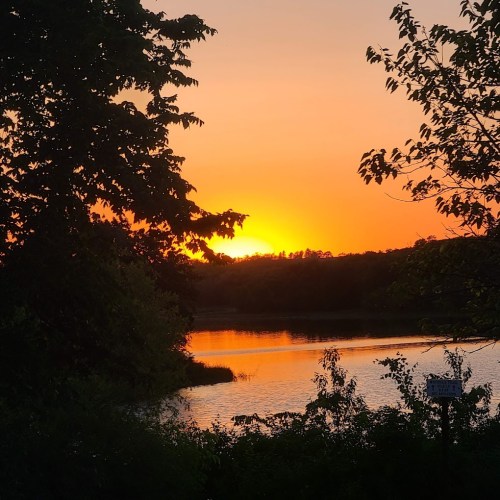 A serene sunset over a calm lake, with silhouettes of trees and vibrant orange and yellow hues in the sky.