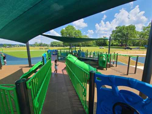 A colorful playground with green and blue equipment under a shaded area, surrounded by grass and trees.