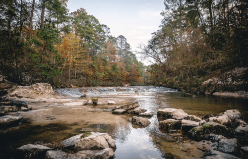 A serene river flows through a forested area, with rocks lining the banks and autumn foliage in the trees.