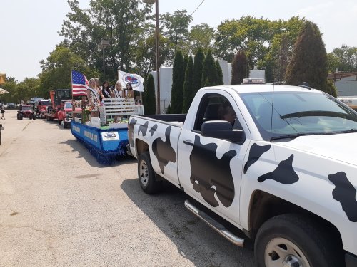 A decorated truck with a cow print design leads a parade float featuring people holding flags and banners.