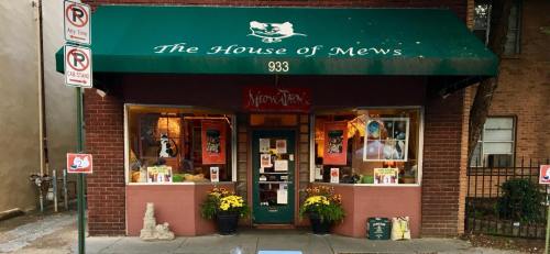 A storefront with a green awning reading "The House of Mews," featuring windows adorned with pet-themed decorations.