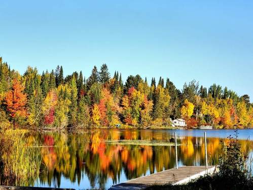 A serene lake surrounded by vibrant autumn foliage reflecting on the water under a clear blue sky.