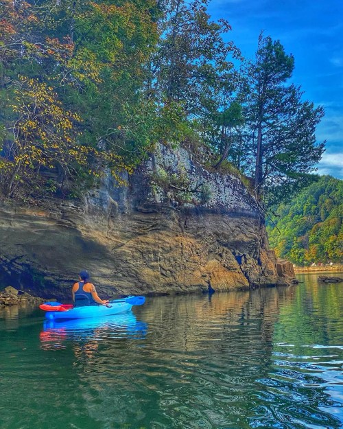 A person in a blue kayak paddles near a rocky shore surrounded by trees under a bright blue sky.