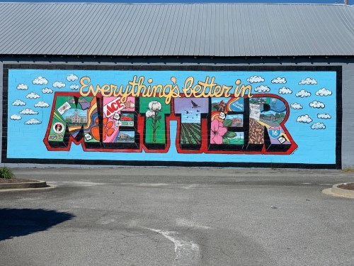 Colorful mural on a wall featuring the text "Everything's better in Metter" with various images and designs.