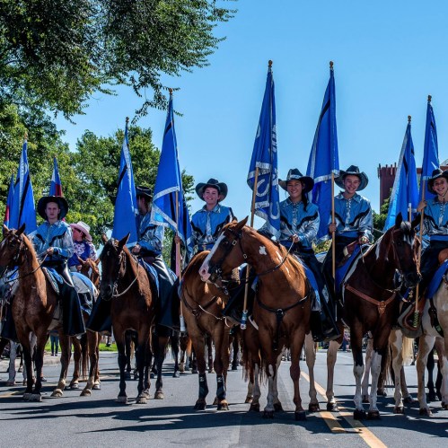 A parade featuring riders on horseback, holding blue flags, dressed in matching outfits under a clear blue sky.
