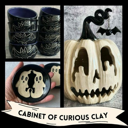 A collage of ceramic items: bat-decorated bowls, ghost plates, and a pumpkin lantern with a bat charm.