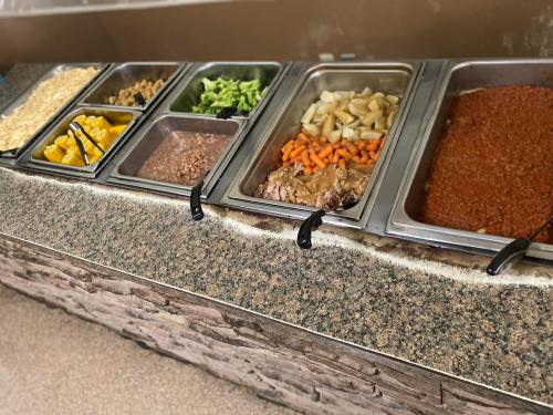 A buffet with various food trays, including rice, beans, vegetables, and meat, on a granite countertop.