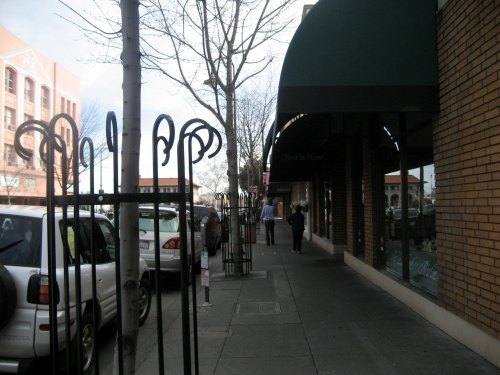 A sidewalk scene with parked cars and pedestrians walking past shops, framed by decorative iron railings.