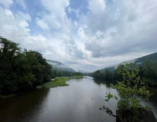 A serene river flows through lush greenery under a cloudy sky, with mist rising from the water and hills in the background.