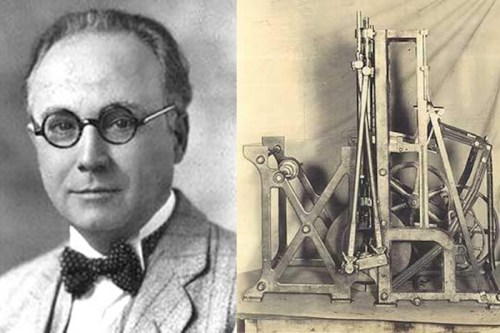 A black-and-white portrait of a man in glasses and a bow tie next to an early mechanical device or machine.