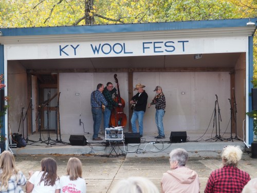 Musicians perform on stage at the KY Wool Fest, with an audience seated in front, surrounded by autumn trees.