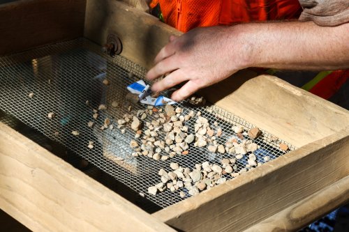 A hand sifts through small rocks on a mesh screen in a wooden box, wearing an orange safety vest.
