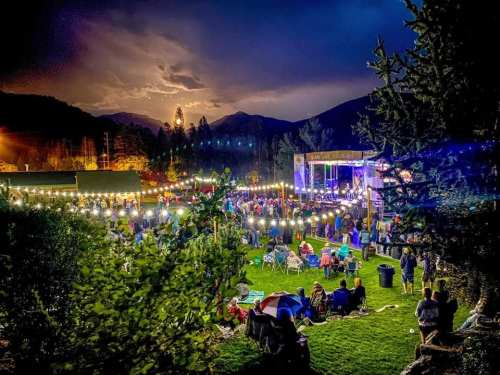 A vibrant outdoor concert at night, with a large crowd enjoying music under a lit stage and surrounding trees.