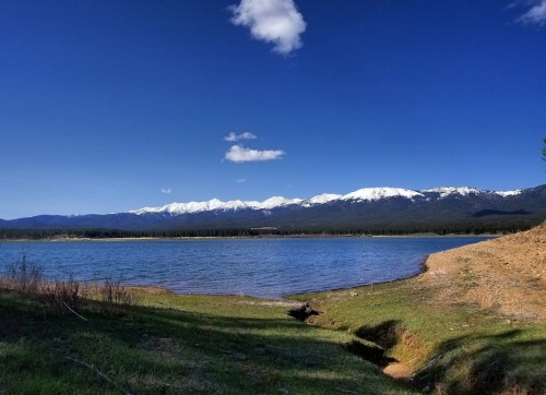 A serene lake surrounded by green grass and snow-capped mountains under a clear blue sky with a few clouds.