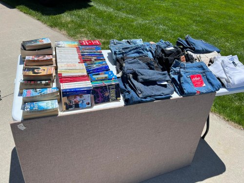 A table displaying various books and folded jeans on a sunny day, set on a grassy area.
