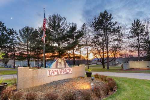 Sign for Tamarack at sunset, surrounded by trees and landscaping, with an American flag in the foreground.