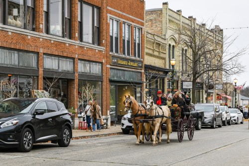A horse-drawn carriage passes by shops on a busy street, with people walking and cars parked along the road.
