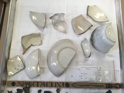 Collection of broken pottery shards and a wooden stick labeled "SPARTACUS" on a display surface.
