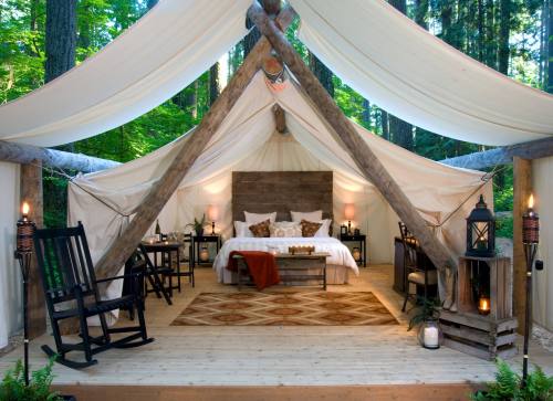 Cozy tent interior in a forest, featuring a bed, wooden decor, and rustic furniture, surrounded by greenery.
