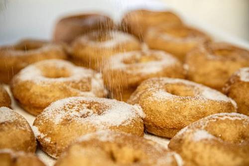 Freshly made donuts being dusted with powdered sugar, arranged neatly on a tray.