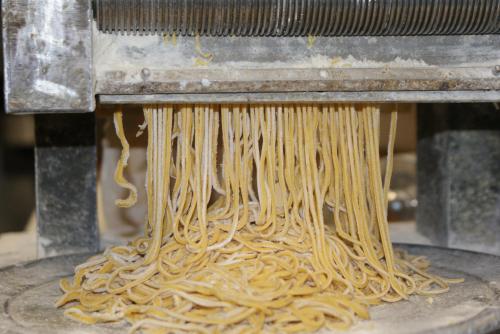 Freshly made pasta strands emerging from a pasta machine, dusted with flour.