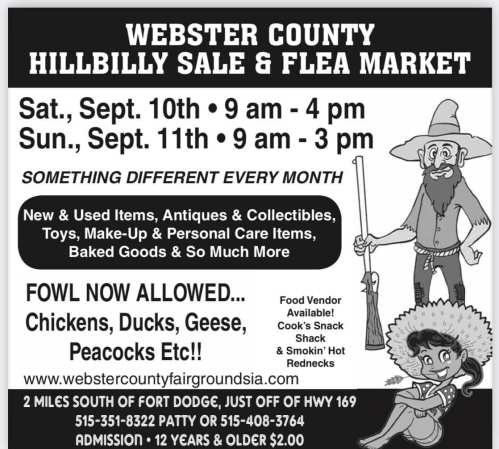 Promotional flyer for Webster County Hillbilly Sale & Flea Market, featuring dates, times, and items for sale.
