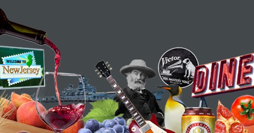 Collage featuring New Jersey icons: wine, fruit, a guitar, a vintage diner sign, and a historical figure.