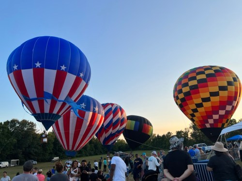 Colorful hot air balloons in various patterns rise against a sunset, with a crowd of people enjoying the event.
