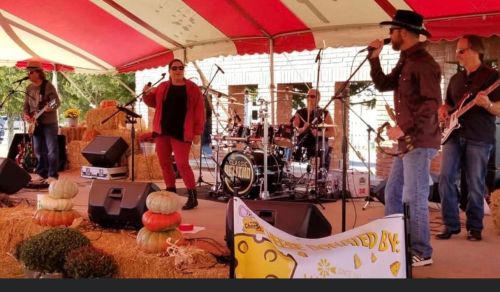 A band performs on stage under a tent, with instruments and decorations like pumpkins in the foreground.