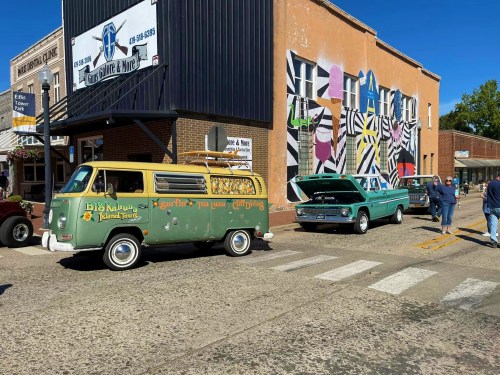 A vintage green Volkswagen van and a classic car parked near a colorful mural on a sunny day.