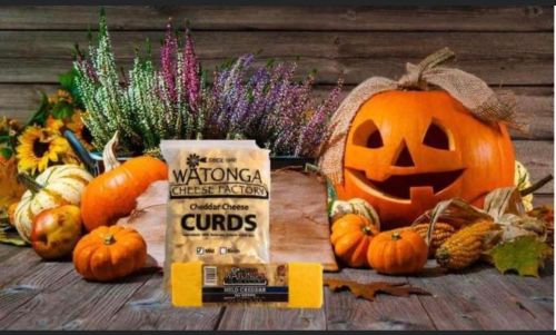 A festive autumn scene with a jack-o'-lantern, pumpkins, and a pack of Watonga Cheese Factory cheddar cheese curds.