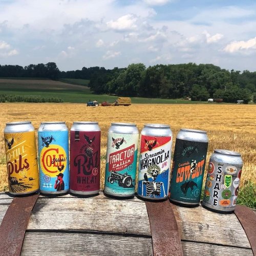 A lineup of colorful craft beer cans on a wooden barrel, set against a rural landscape of fields and trees.