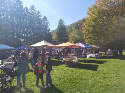 A vibrant outdoor market scene with colorful tents, people mingling, and trees in the background on a sunny day.