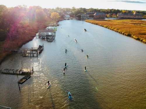 Aerial view of a river with people paddleboarding, surrounded by trees and buildings under a sunny sky.