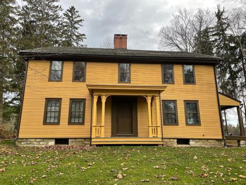A large yellow house with a brown door, surrounded by trees and fallen leaves, under a cloudy sky.