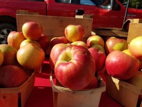 Fresh red and yellow apples stacked in wooden baskets on a red table, with a red truck in the background.