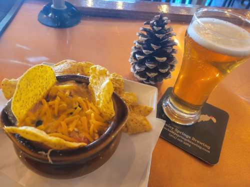 A bowl of cheesy dip with tortilla chips, a pint of beer, and a pinecone on a bar counter.