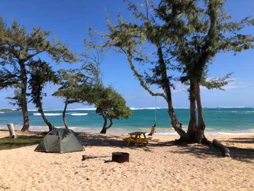 A serene beach scene with a tent, picnic table, and swing under trees, overlooking calm blue waters and a clear sky.