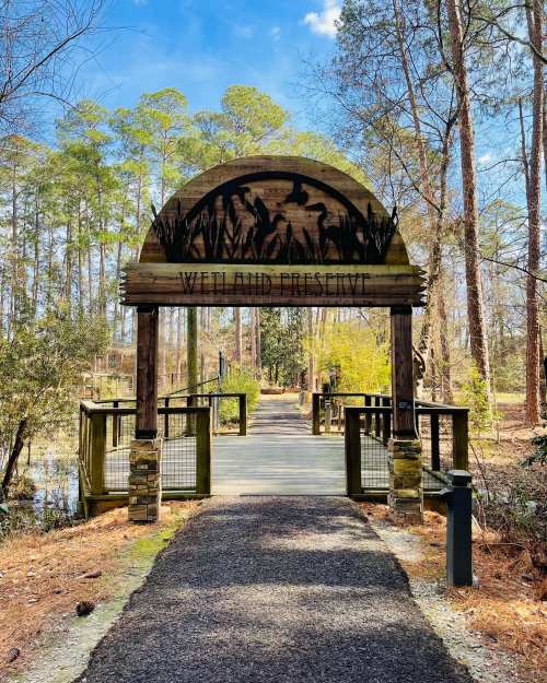 Wooden archway reading "Wetland Preserve" leads to a path through a forested area with trees and a clear sky.