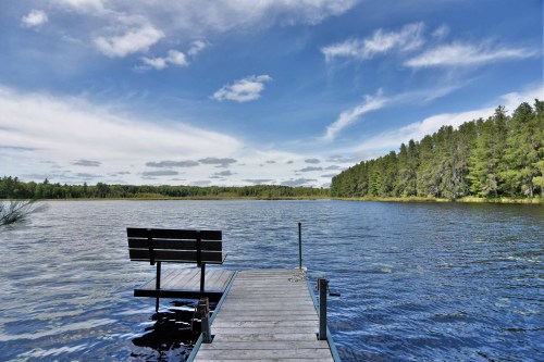 A wooden dock extends into a calm lake, surrounded by lush green trees and a blue sky with scattered clouds.