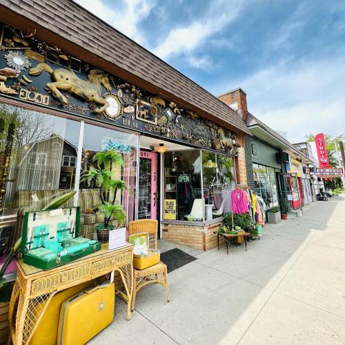 A charming storefront with vintage decor, plants, and an "OPEN" sign, set against a cloudy sky.