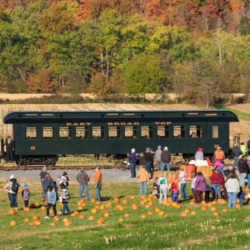 A vintage train car near a pumpkin patch, with people gathered around in a colorful autumn setting.
