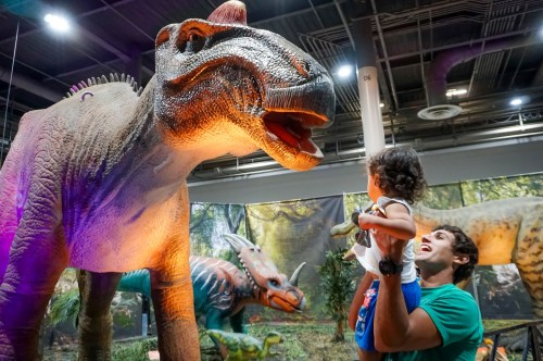 A child and an adult marvel at a large dinosaur exhibit in a museum, surrounded by other dinosaur models.