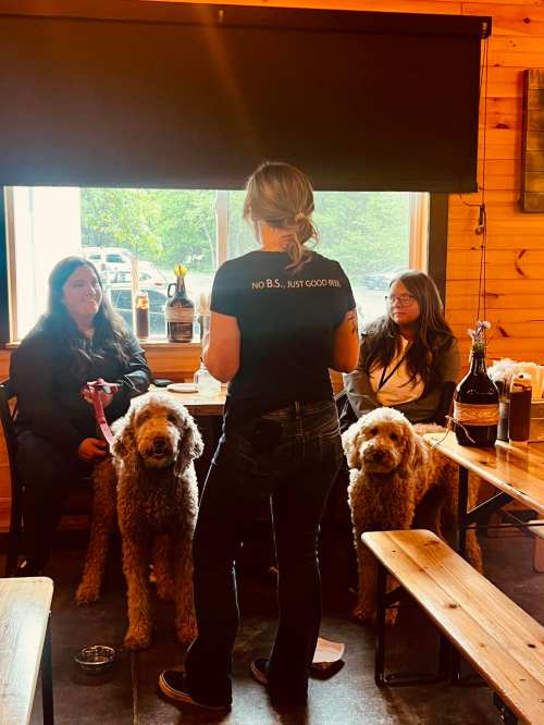 A waitress stands in a restaurant, facing two seated women and two dogs, with a cozy wooden interior.