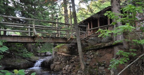 A wooden bridge crosses over a small stream, surrounded by trees and a rustic cabin in a serene forest setting.