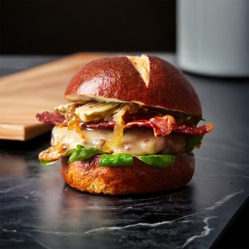 A delicious burger on a pretzel bun, topped with bacon, cheese, lettuce, and caramelized onions, on a dark surface.