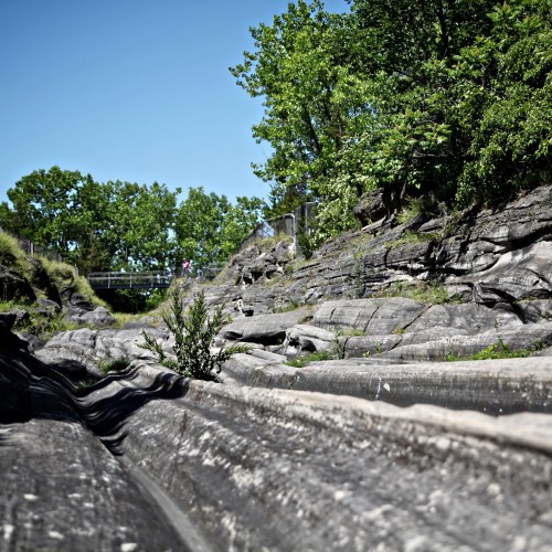 A rocky landscape with greenery, featuring a winding path and people in the background enjoying the outdoors.