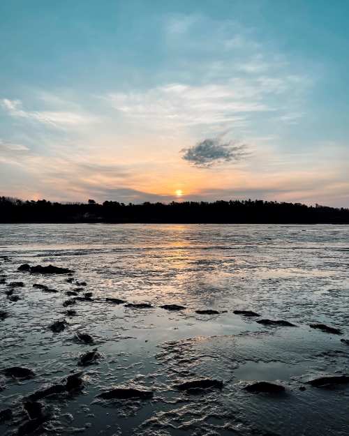 A serene sunset over a calm water body, with reflections and a cloudy sky, framed by silhouettes of trees.