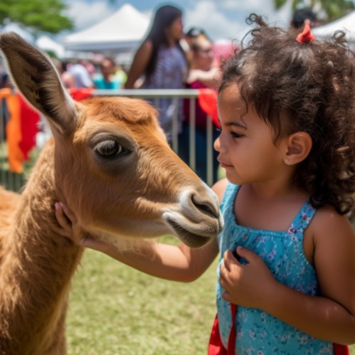 A young girl gently pets a friendly deer at an outdoor event, surrounded by people and bright sunshine.