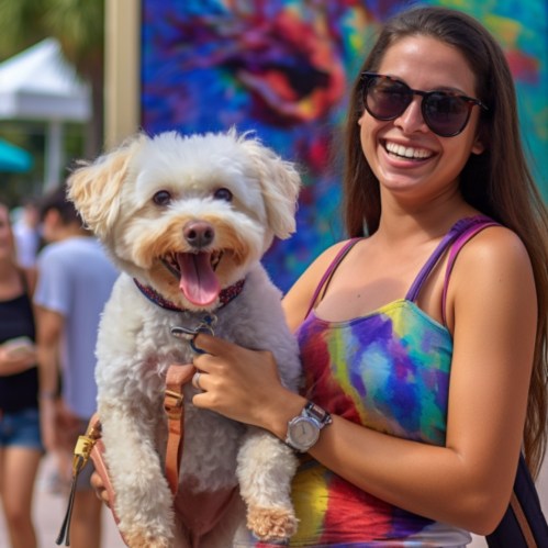 A smiling woman in sunglasses holds a happy white dog, with a colorful background and people in the distance.